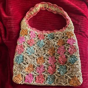 Cappelli Straworld ‎ Woven floral Straw HandBag crochet straw lined vintage